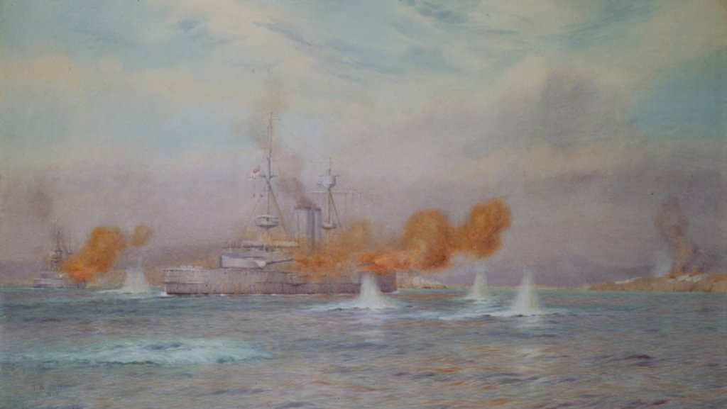Detail of H.M.S. Albion commanded by Capt. A. Walker-Heneage completing the destruction of the outer forts of the Dardanelles in 1915, 1925 by Alma Claude Burlton Cull