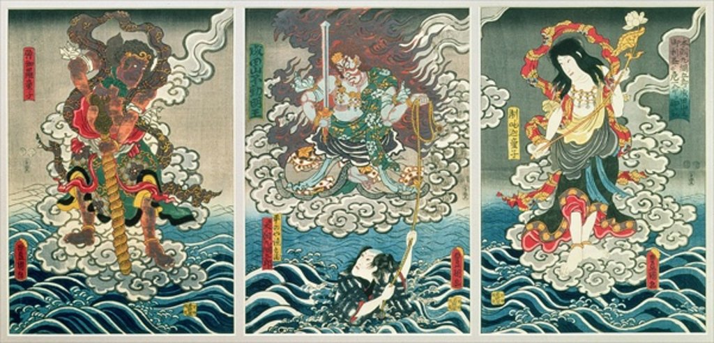 Detail of The actor Ichikawa Ebizo V as the deity Fudo Myoo rescuing Ichikawa Danjuro VIII as Honcho-maru Tsunagoro/Hiranoya Tokubei by Utagawa Kunisada