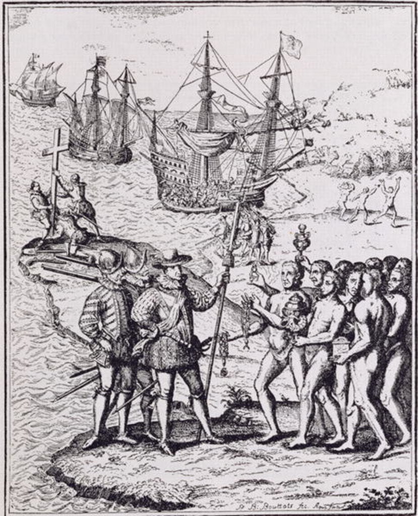 Detail of Columbus at Hispaniola by Theodor de Bry