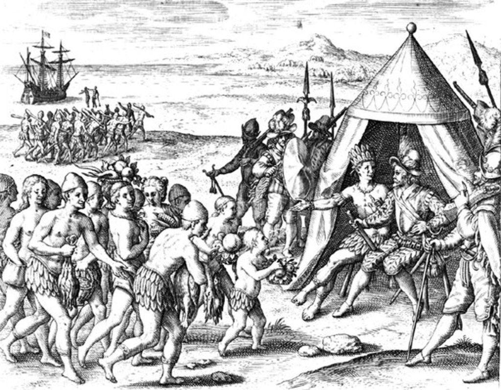 Detail of Sir Walter Raleigh trying to establish friendship with King Arromaia of Guiana by Jacques (d.1587/88) (after) Le Moyne