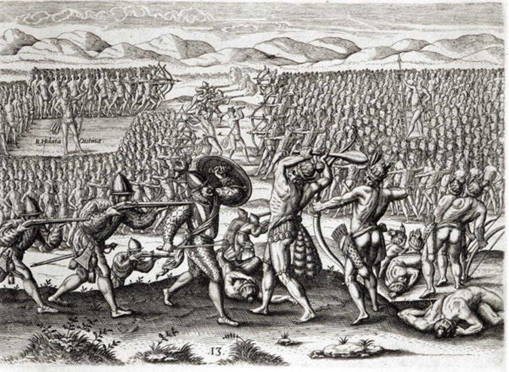 Detail of Outina defeats Patanou with the aid of the French, Florida, 1564 by Jacques (d.1587/88) (after) Le Moyne