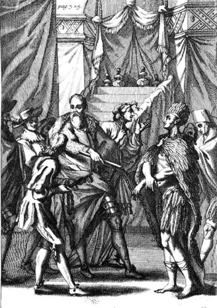 Detail of Cortes and Montezuma II made prisoner in 1519, 1691 by American School