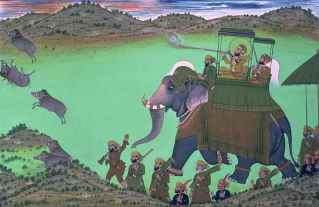 Detail of Maharana Sarup Singh of Udaipur shooting boar from elephant-back, Rajasthan, 1855 by Indian School