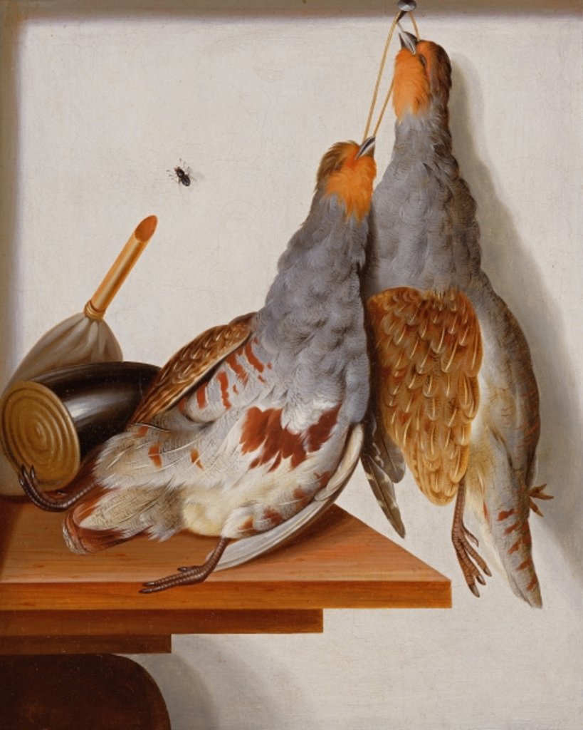 Detail of Trompe l'Oeil of Two Partridges Hanging from a Nail by Cornelis Biltius