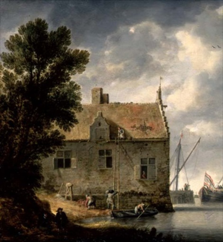 Detail of Builders repairing a House by a river by Bonaventura Peeters