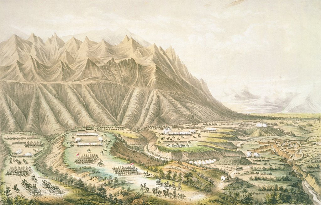 Detail of Battle of Buena Vista, view of the battle ground and battle of 'the Angostura' fought near Buena Vista, Mexico, February 23rd 1847 by Frances Flora Bond Palmer