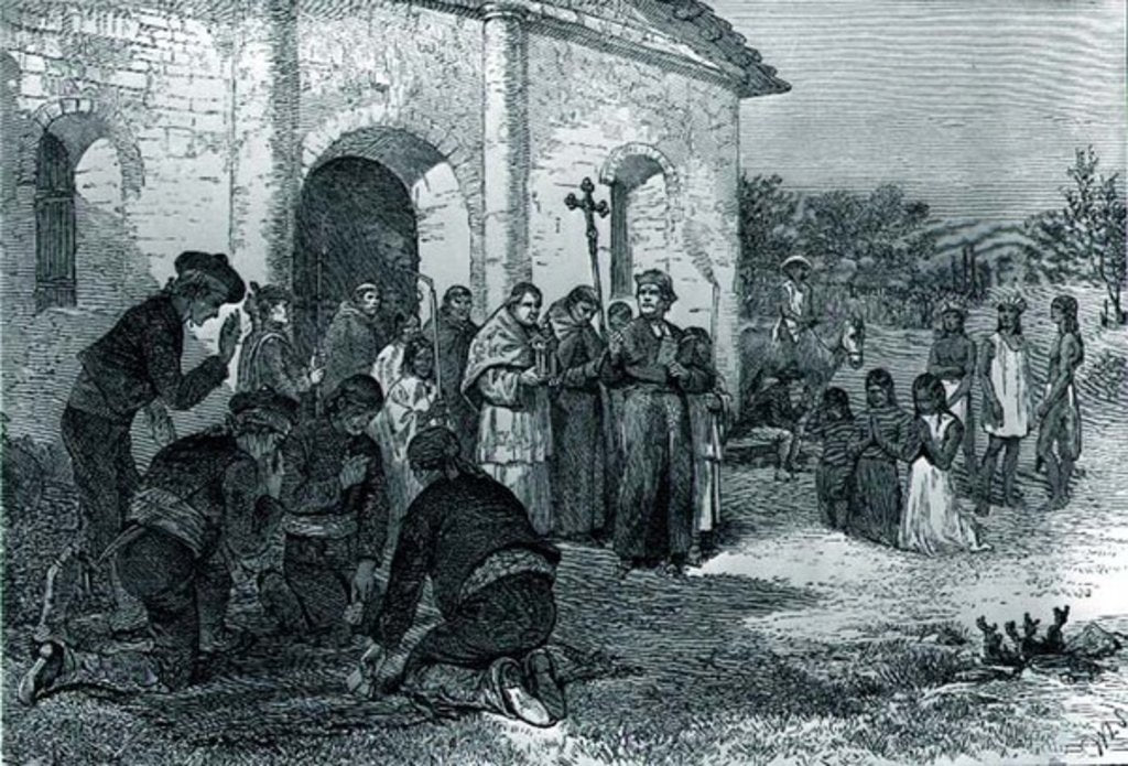 Detail of Spanish mission to California, with priests, soldiers and Indians of America praying before the Church in the 18th century, 19th century by William Ludlow Sheppard