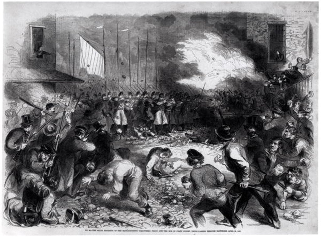Detail of The Sixth Regiment of the Massachusetts Volunteers Firing into the Mob on Pratt Street, While Passing through Baltimore en Route for Washington, April 19th 1861 by American School