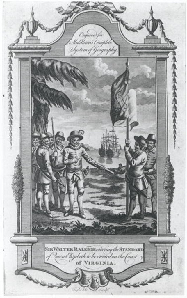 Detail of Sir Walter Raleigh ordering the standard of Queen Elizabeth to be erected on the coast of Virginia, 1584 by Taylor Taylor