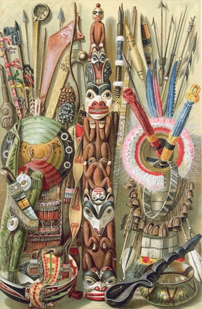 Detail of Weapons, utensils and ornaments of American Indians by English School