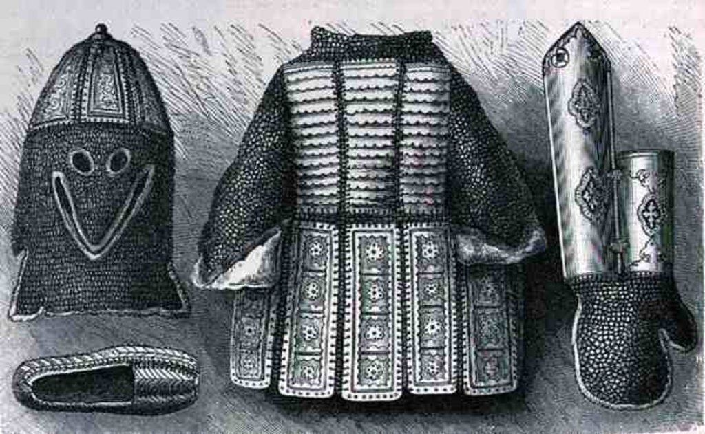 Detail of Indian panoply consisting of helmet, tunic, gauntlets and shoes from Bhuj by English School