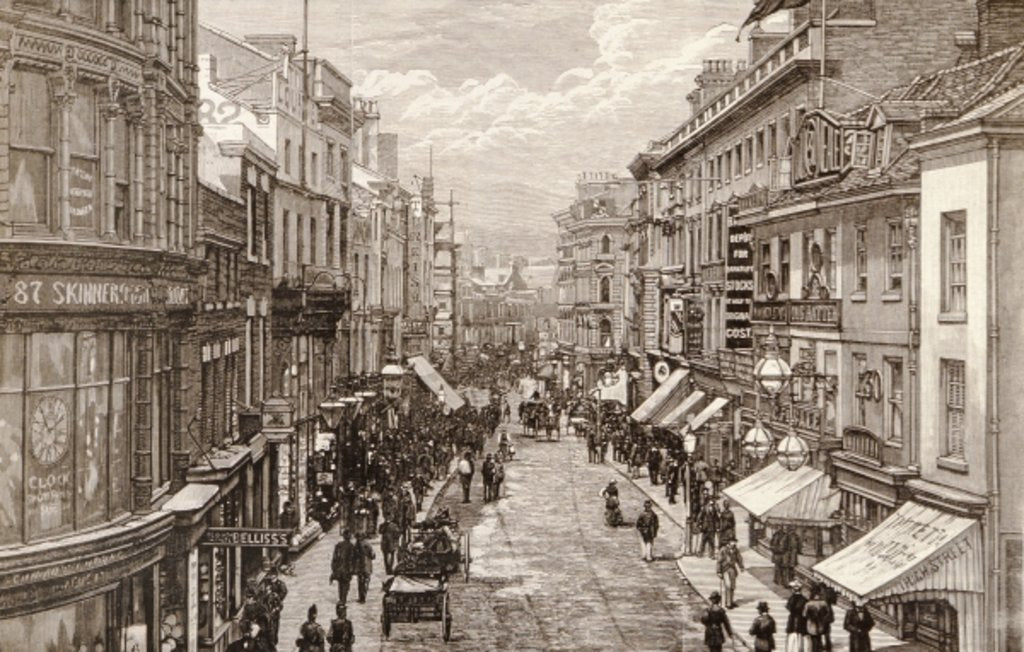 Detail of The Queen's Visit to Birmingham: The High Street by English School