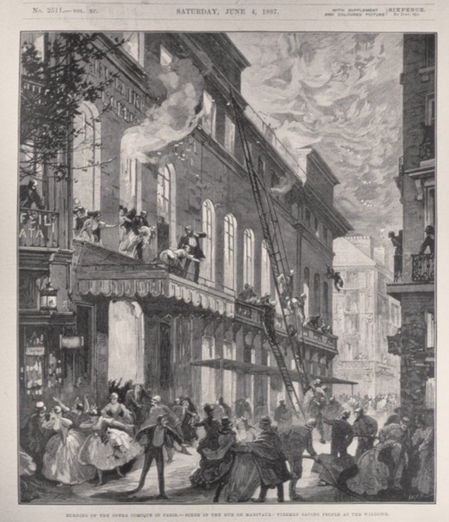 Detail of Burning of the Opera Comique in Paris, Scene in the Rue de Marivaux: Firemen Saving People at the Windows by English School