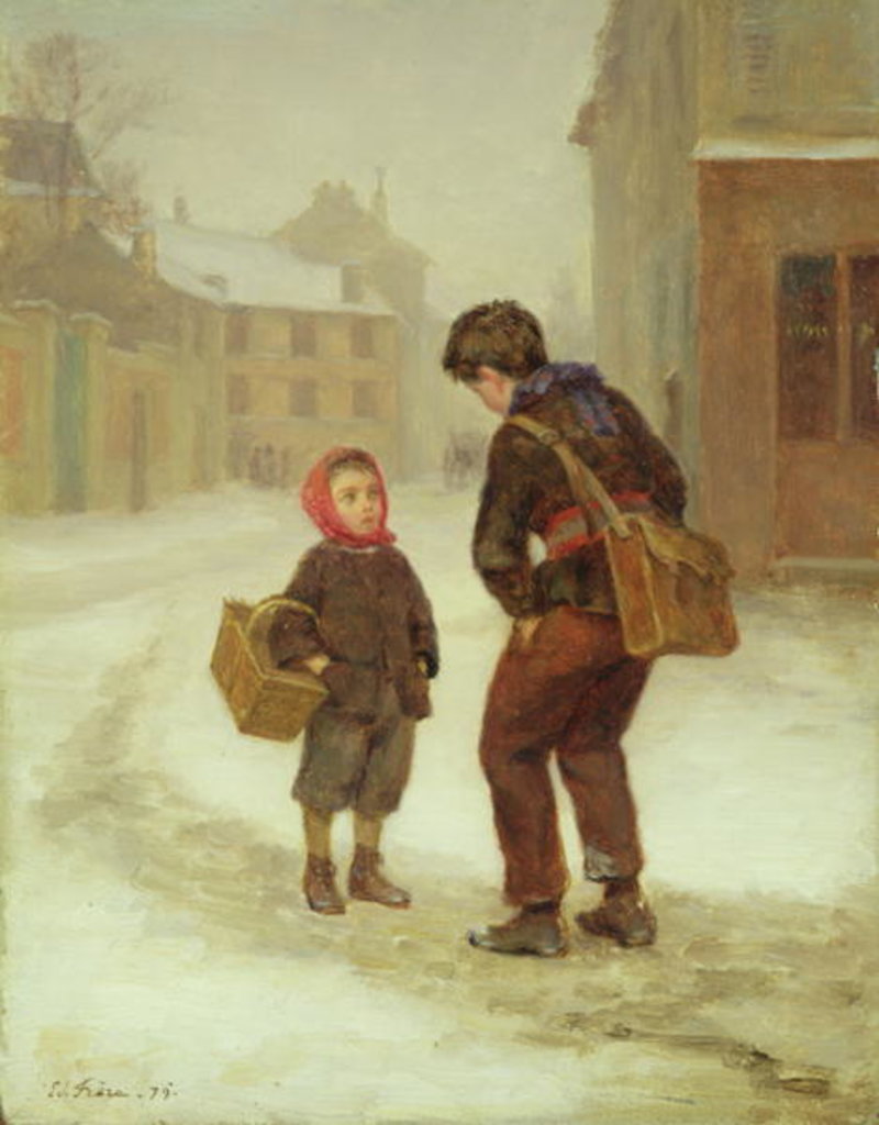 Detail of On the way to school in the snow, 1879 by Pierre Edouard Frere