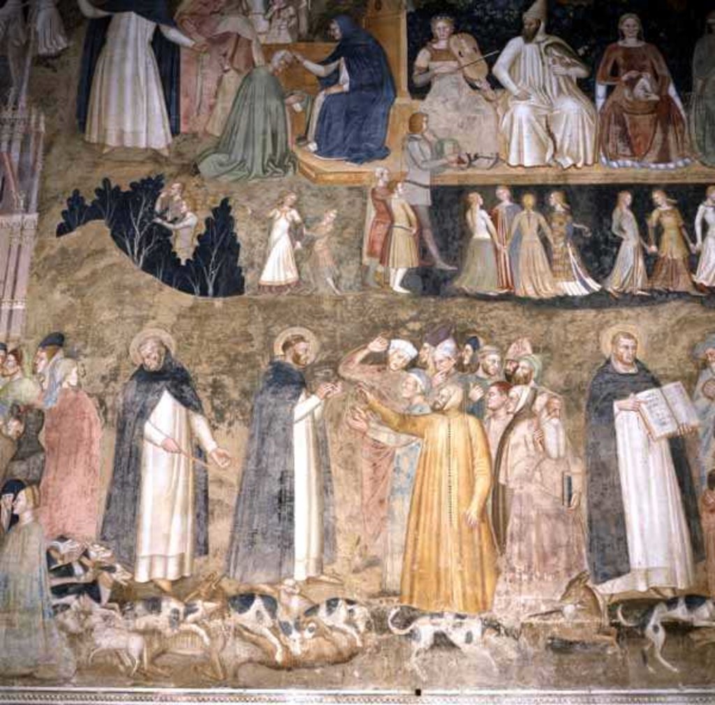 Detail of St. Dominic Sending Forth the Hounds of the Lord, with St. Peter Martyr and St. Thomas Aquinas, c.1369 by Andrea di Bonaiuto (fl.1343-77)