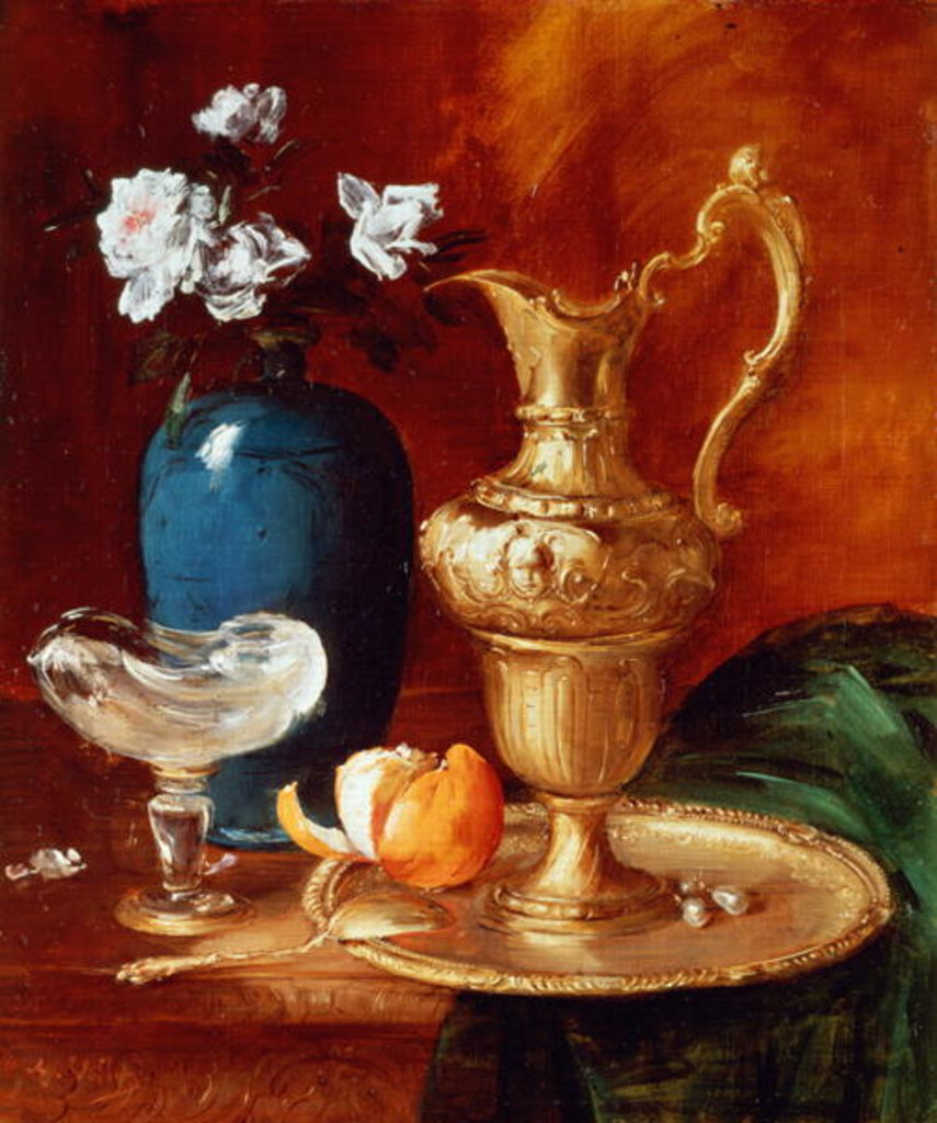 Detail of Still life of a gilt ewer, vase of flowers and a facon de Venise bowl by Antoine Vollon