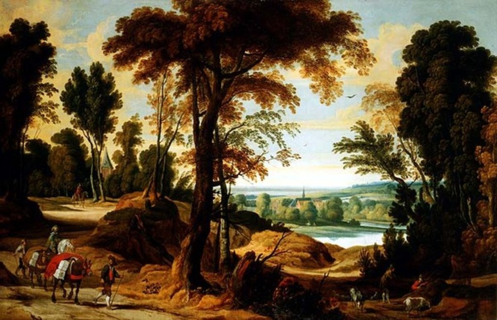 Detail of A wooded river landscape with figures on a road by Jan Wildens