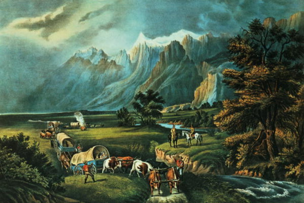 Detail of The Rocky Mountains: Emigrants Crossing the Plains, 1866 by N. and Ives J.M. Currier