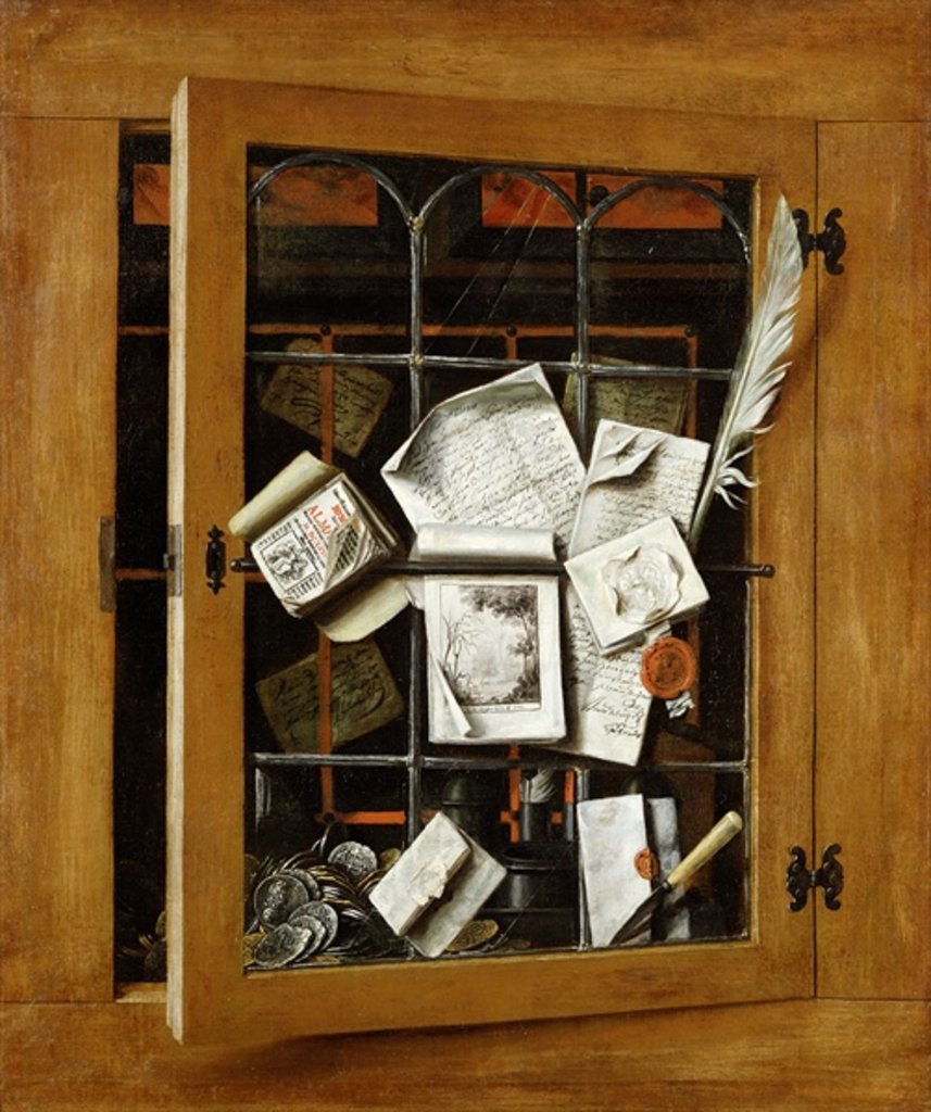 Detail of A trompe l'oeil of an open glazed cupboard door, with numerous papers and objects, 1666 by Cornelis Norbertus Gijsbrechts