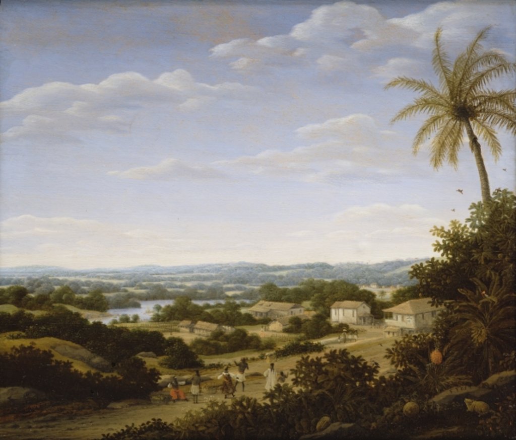 Detail of Brazilian landscape with natives on a road approaching a village, 1665 by Frans Jansz Post