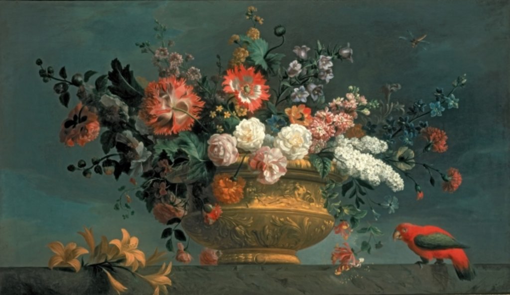 Detail of Flower piece with parrot by Jakob Bogdani or Bogdany