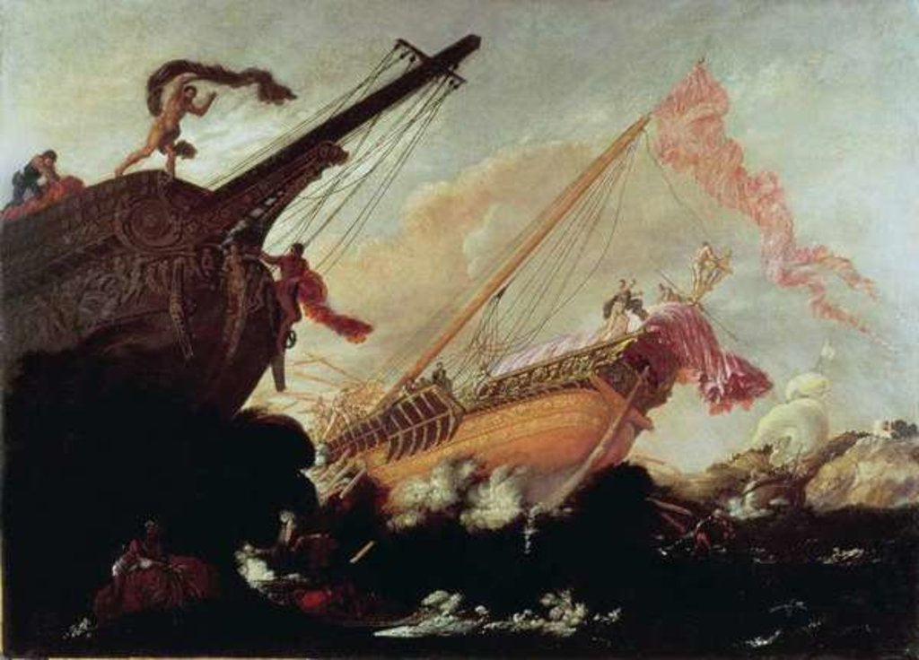 Detail of Galleons wrecked on a rocky shore by Buonamico Agostino Tassi