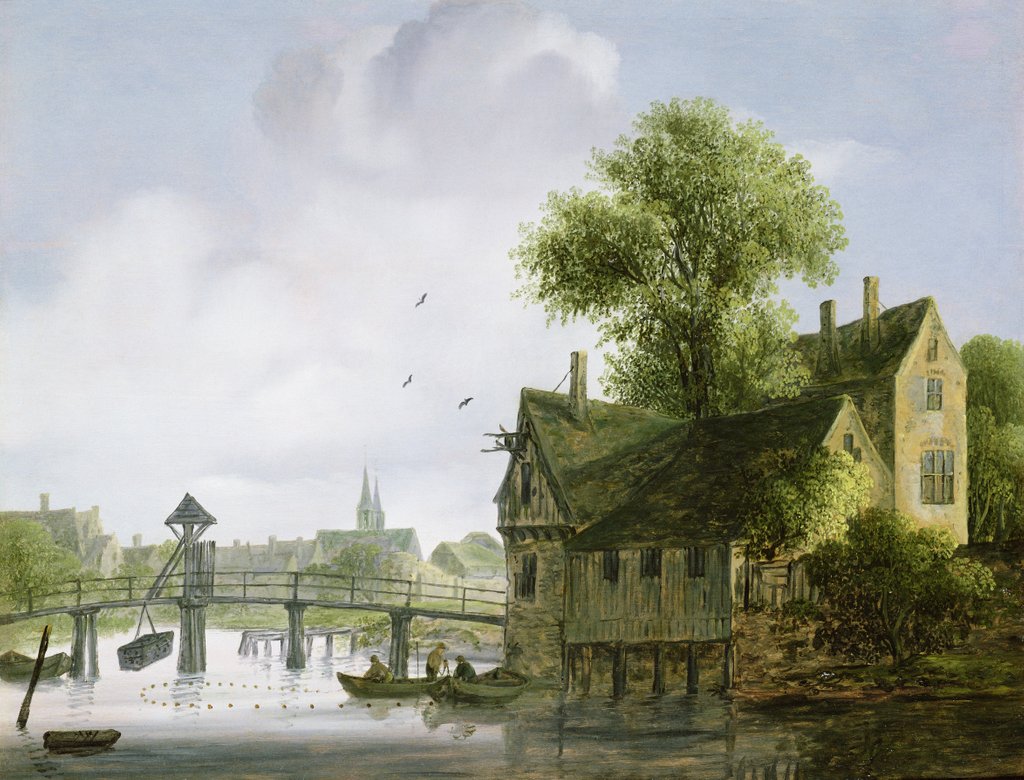 Detail of A Town on a river with a bridge by Wouter Kniff