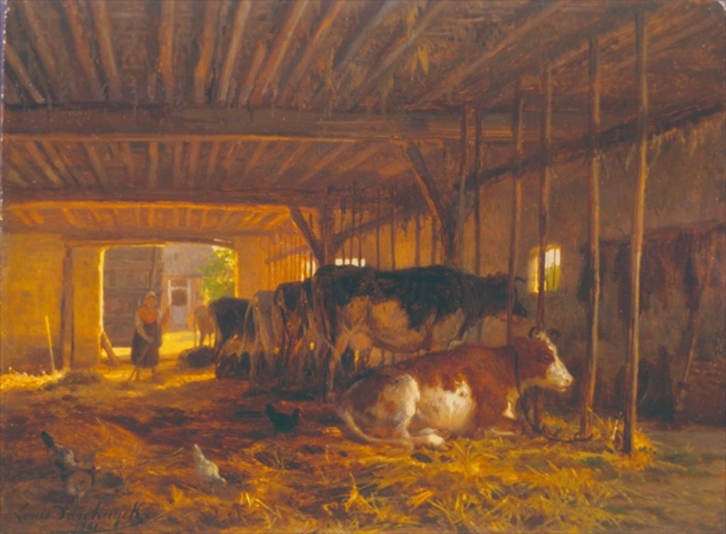 Detail of The Cow shed, 19th century by Jean Louis van Kuyck