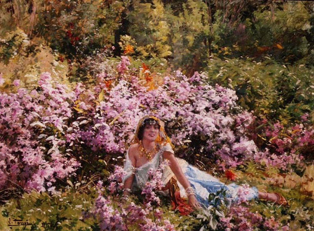Detail of Algerian beauty in a lilac field by Leon Louis Tanzi