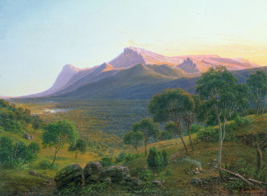 Detail of Aborigines by a Fire before Mount William as seen from Mount Dryden in the Grampians, Victoria, 1892 by Eugen von Guerard