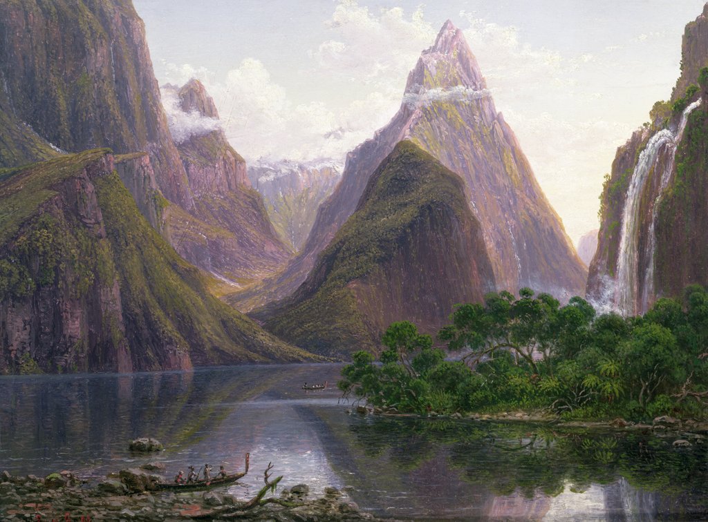 Detail of Native figures in a canoe at Milford Sound, West Coast of South Island, New Zealand, also depicted are Mitre Peak and Bowens Fall, 1892 by Eugen von Guerard