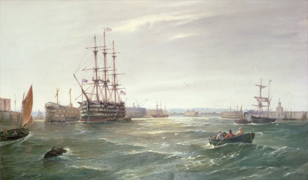 Detail of Portsmouth Harbour: HMS 'Victory' among the Hulks, 1892 by Robert Ernest Roe