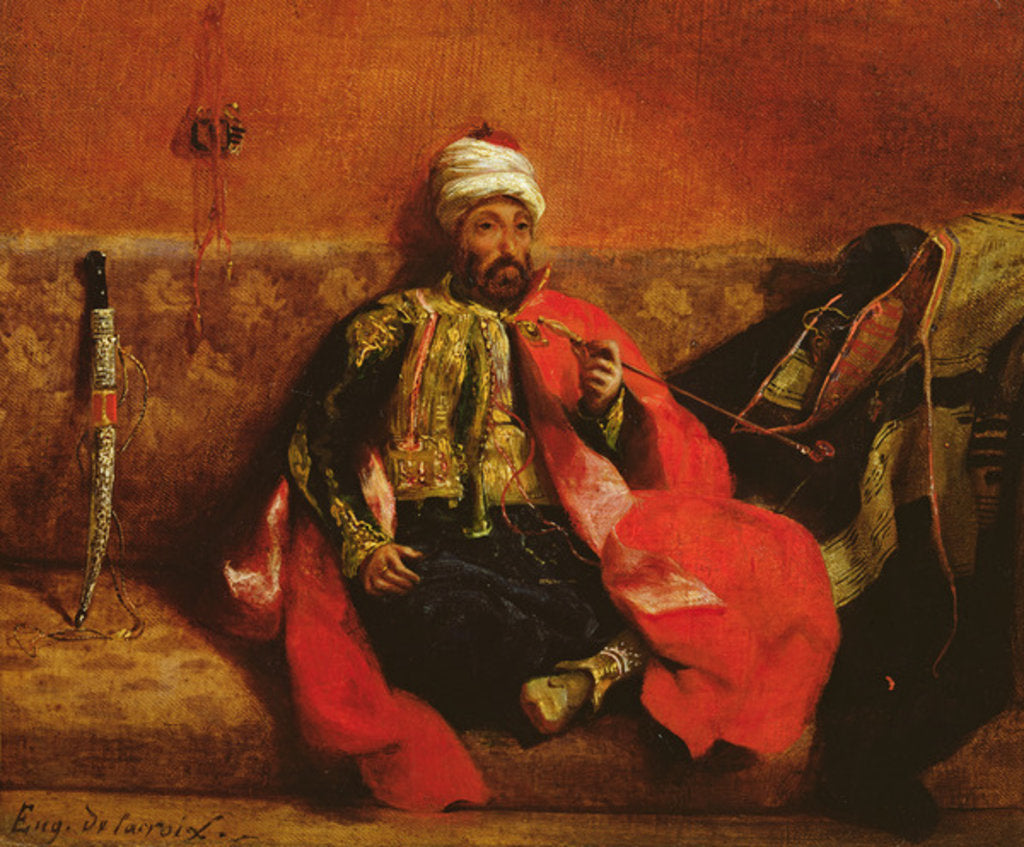 Detail of A Turk smoking sitting on a sofa, c.1825 by Ferdinand Victor Eugene Delacroix