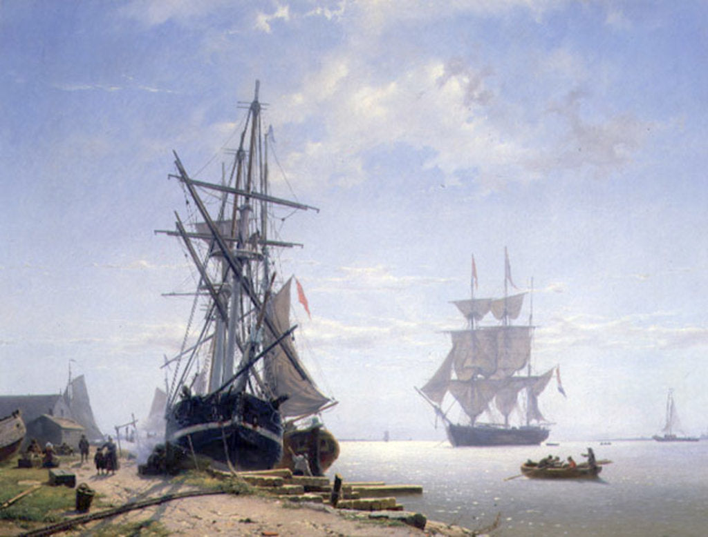 Detail of Ships in a Dutch Estuary, 19th century by W.A. van Deventer