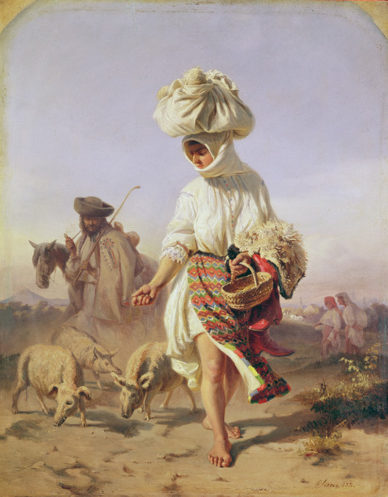 Detail of Peasant Girl Feeding Pigs, 1855 by Karoly Sterio