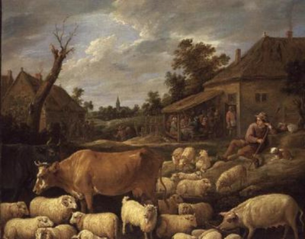 Detail of A Shepherd and his Flock by a Tavern by David the Younger Teniers