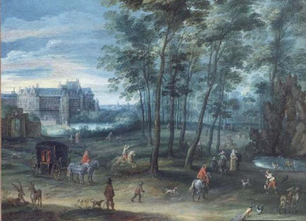 Detail of The park of the Viceregal palace, Brussels, with elegant company by a fountain, c.1600 by Denys van Alsloot