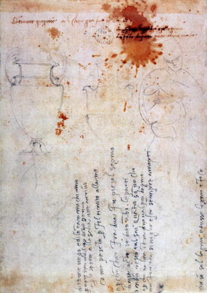 Detail of Drawing of an Urn and Figure with Notes by Michelangelo Buonarroti
