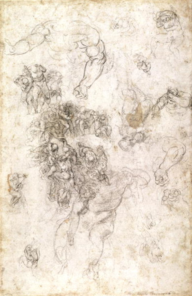 Detail of Study of figures for 'The Last Judgement' with artist's signature, 1536-41 by Michelangelo Buonarroti