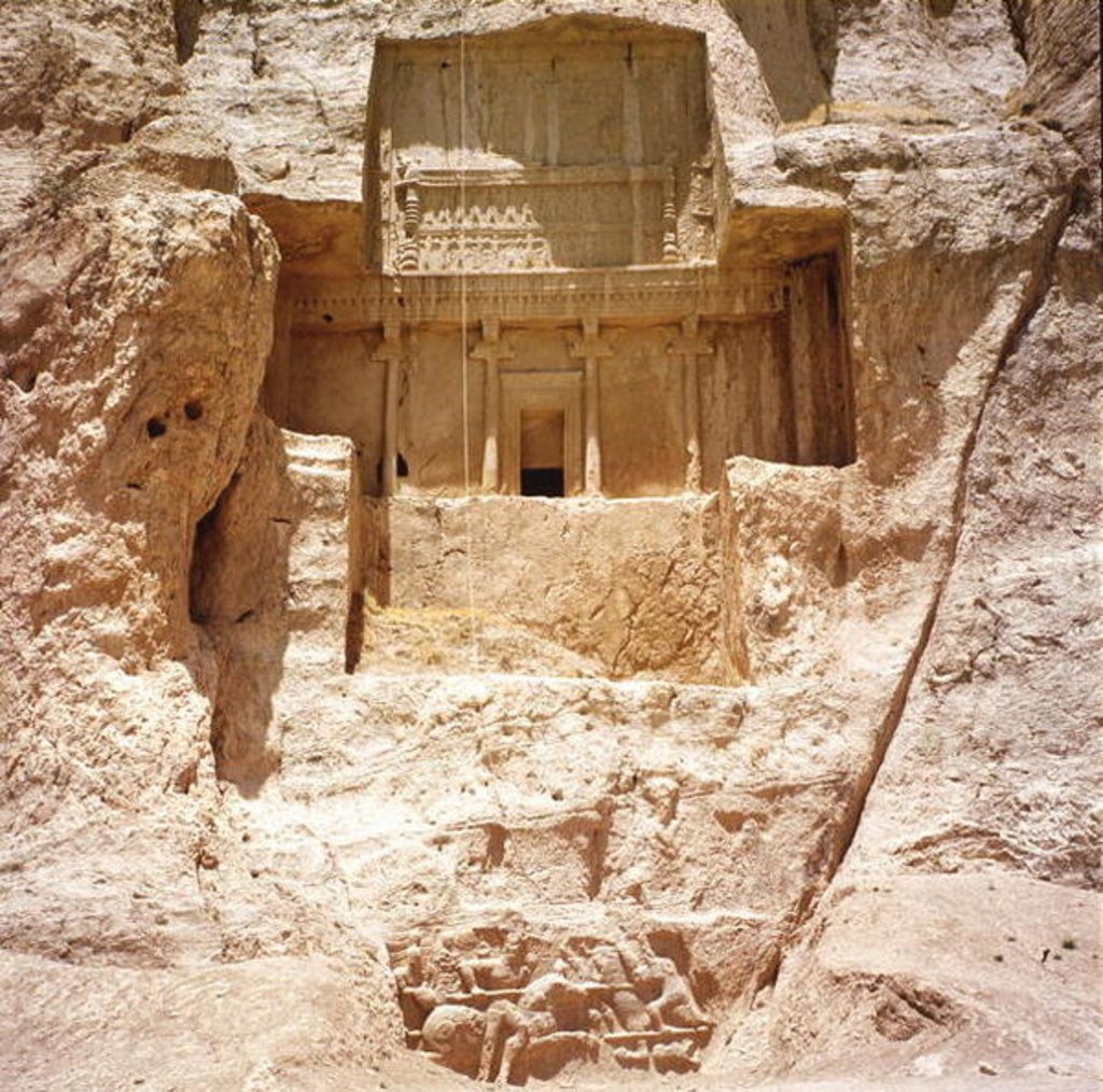Detail of The rock-cut tomb of Artaxerxes I, c.466-464 BC, with a Sasanian relief below depicting Shapur I's victory over the Romans by Achaemenid