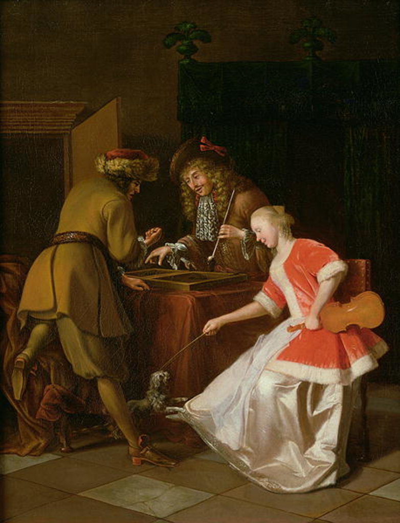 Detail of Tric-trac Players with a Lady and Her Dog by Jacob Ochtervelt