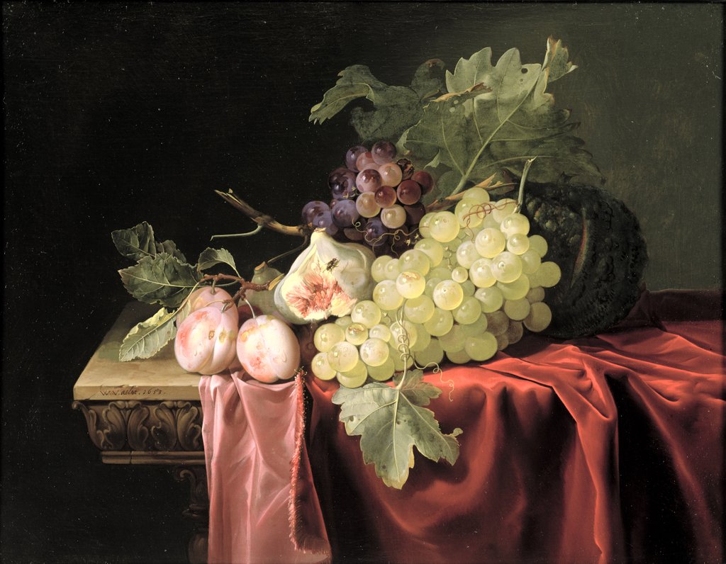 Detail of A still life with grapes, plums, figs and a melon on a partly draped stone ledge, 1653 by Willem van Aelst
