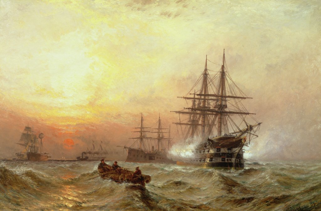 Detail of Man-o'-War firing a salute at sunset by Claude T. Stanfield Moore
