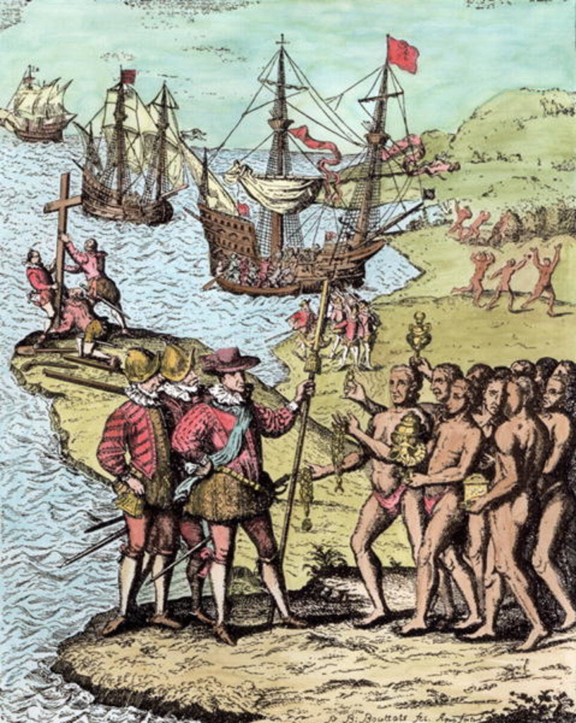 Detail of Columbus landing on the island of Hispaniola in 1492 greeted by Arawak Natives, 1886 by Theodor de Bry