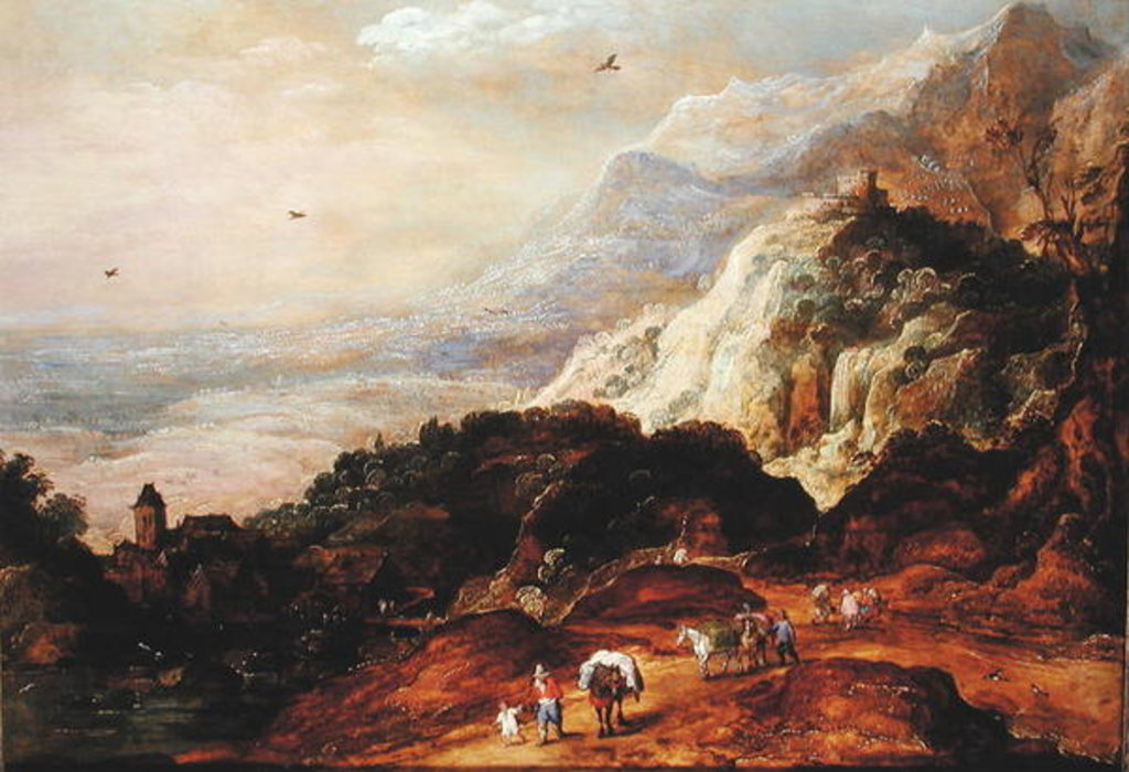 Detail of A Mountainous Landscape with Figures and Mules by Joos or Josse de The Younger Momper