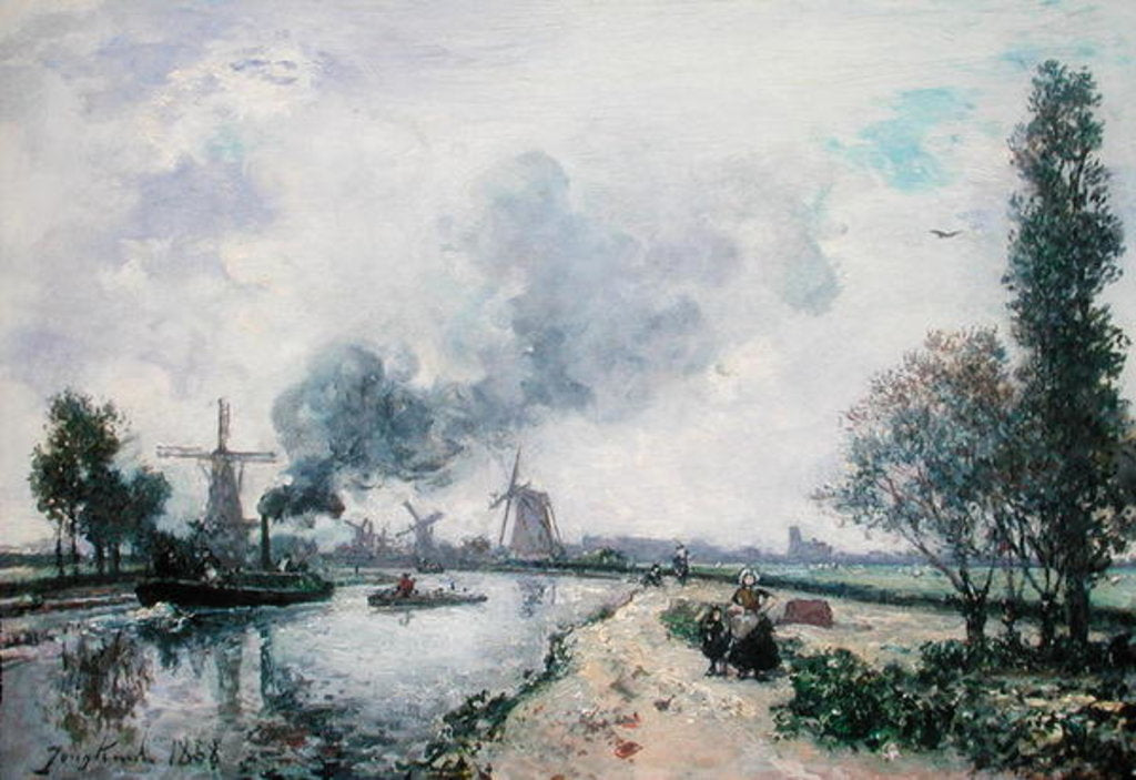 Detail of Dutch Landscape with Windmills, 1868 by Johan-Barthold Jongkind