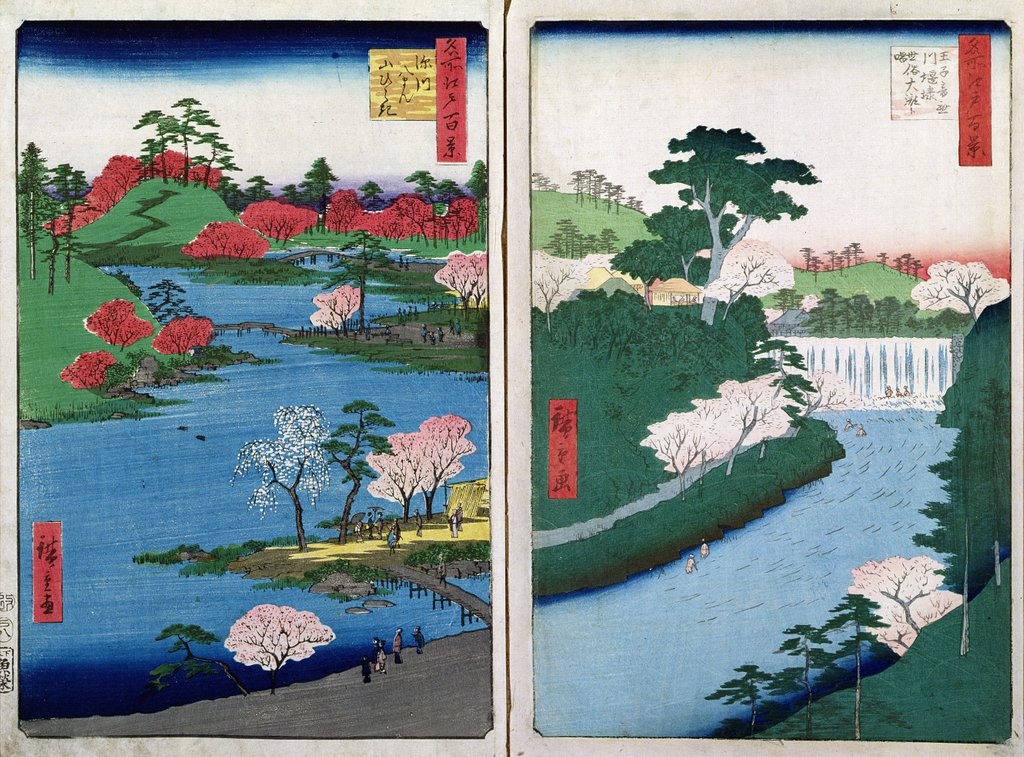 Detail of Along the riverbank, two views from '60-Odd Famous Views of the Provinces', pub. by Kosheihei in 1853, by Ando or Utagawa Hiroshige