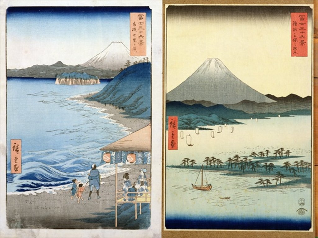 Detail of Mountains and coastline, two views from '36 Views of Mount Fuji', pub. by Kosheihei, 1853 by Ando or Utagawa Hiroshige