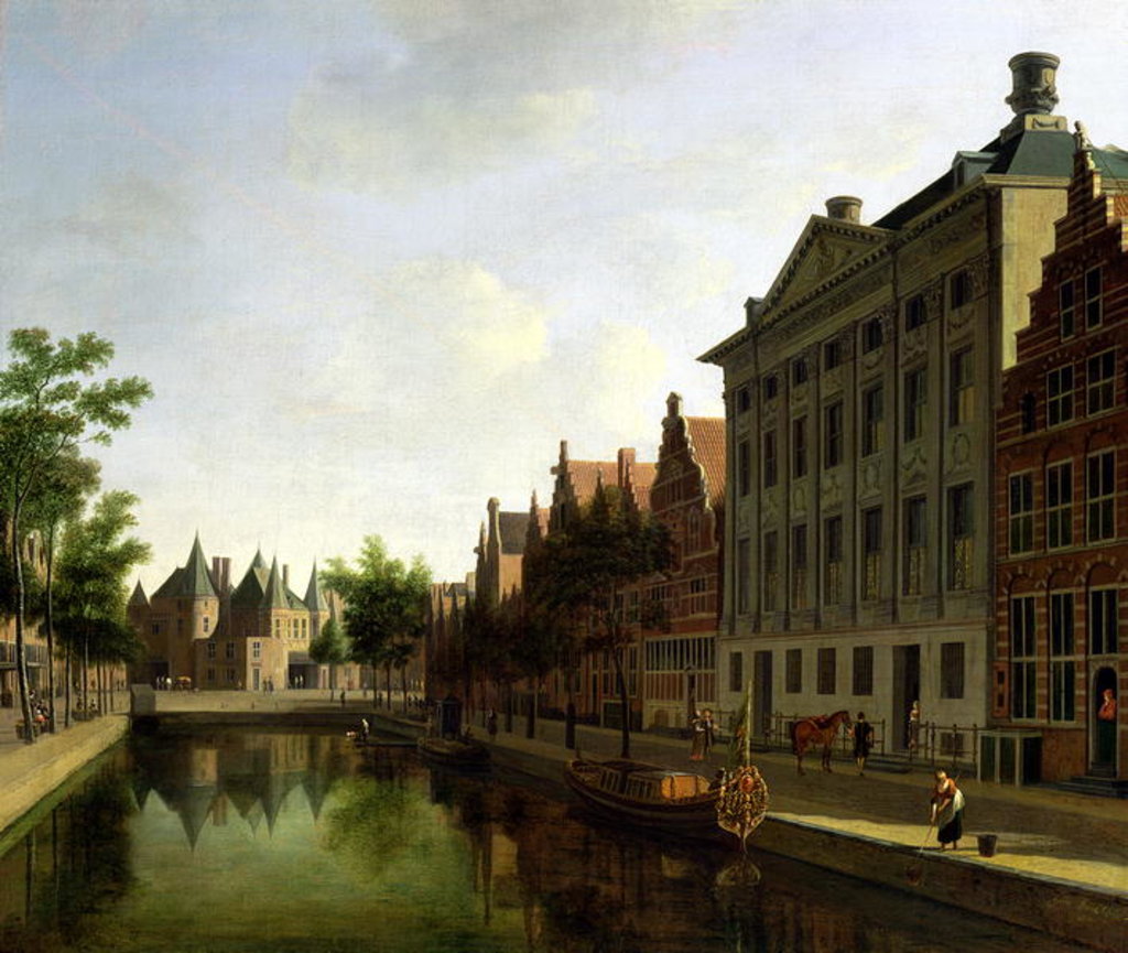 Detail of View of the Kloveniersburgwal in Amsterdam, with the Waag, and barge moored in the front of Trippenhuis to the right, 1685 by Gerrit Adriaensz Berckheyde