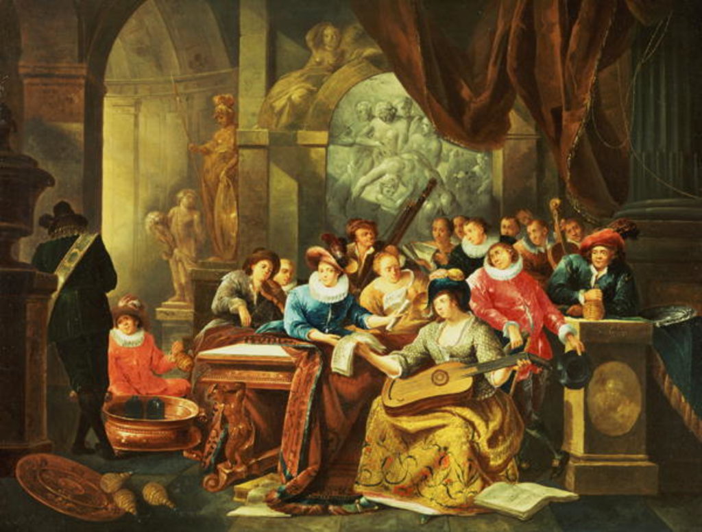 Detail of A musical party in a palatial interior with statues and works of art by Franz Xavier Hendrick Verbeeck